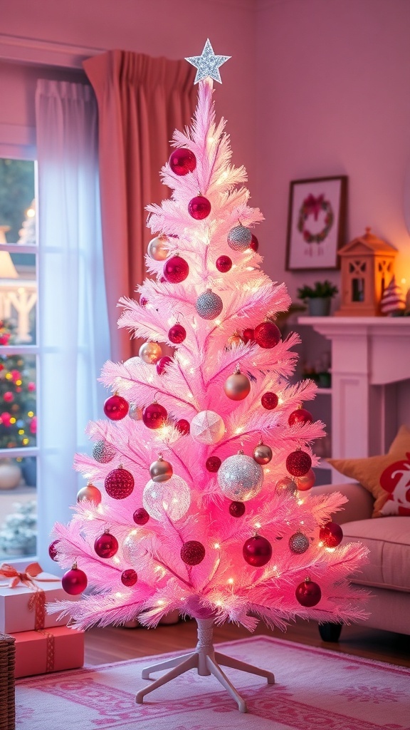 A 3-foot pink Christmas tree decorated with lights and ornaments in a festive living room.